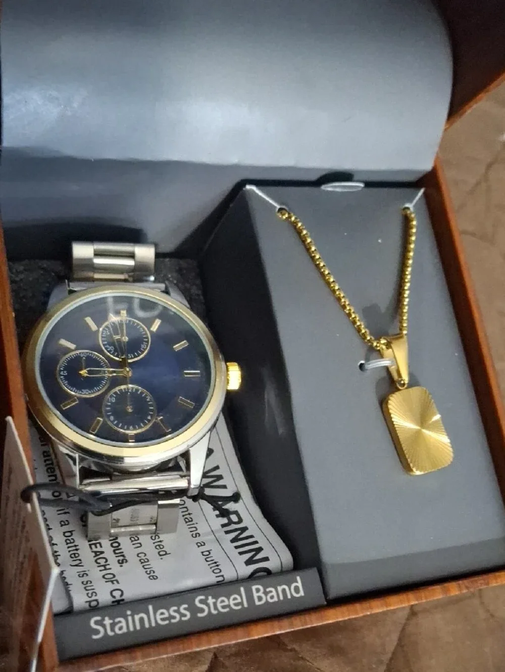 FOLIO Men’s Stainless Steel Watch & Gold Tone Pendant Necklace - Blue Dial